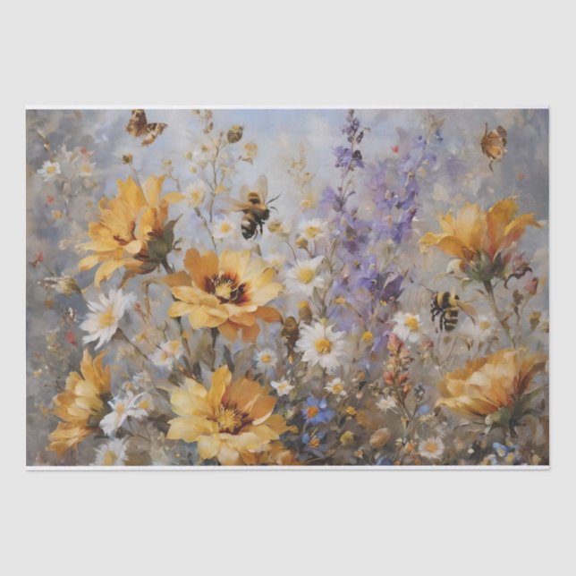 Papel De Seda Flores com Abelhas e Borboletas Decoupage (Frente )