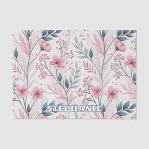 Papel De Seda Flores Cor-de-Rosa Delicadas com Folhagem Azul Sua