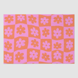 Papel De Seda Flores Cor-de-Rosa e Laranja Xadrez Retrô Distorci