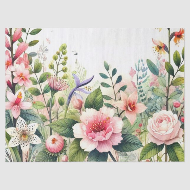 Papel De Seda Flores Cor-de-Rosa Folhas Verdes (Frente )