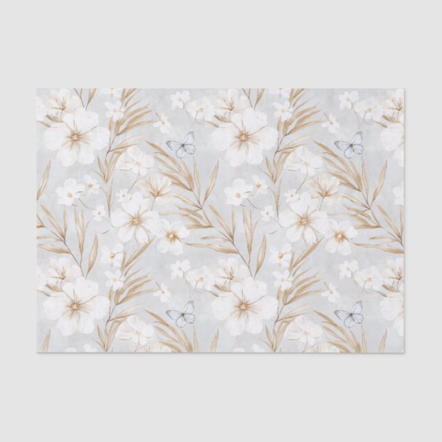 Papel De Seda Flores Creme Branco Borboletas Azuis Chá de Noiva (Frente )