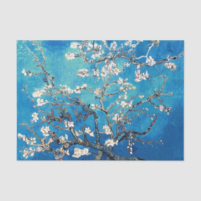 Papel De Seda Flores de Amendoeira de Vincent Van Gogh Turquesa  (Frente )