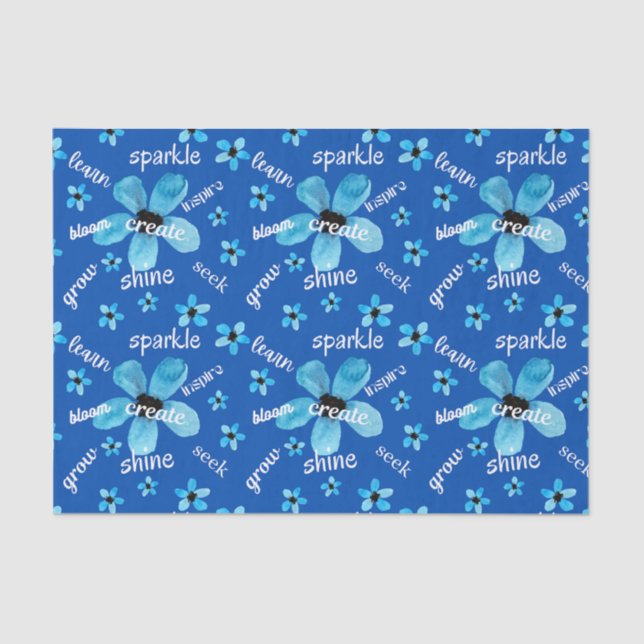 Papel De Seda Flores de Aquarela Azul com Afirmações (Frente )