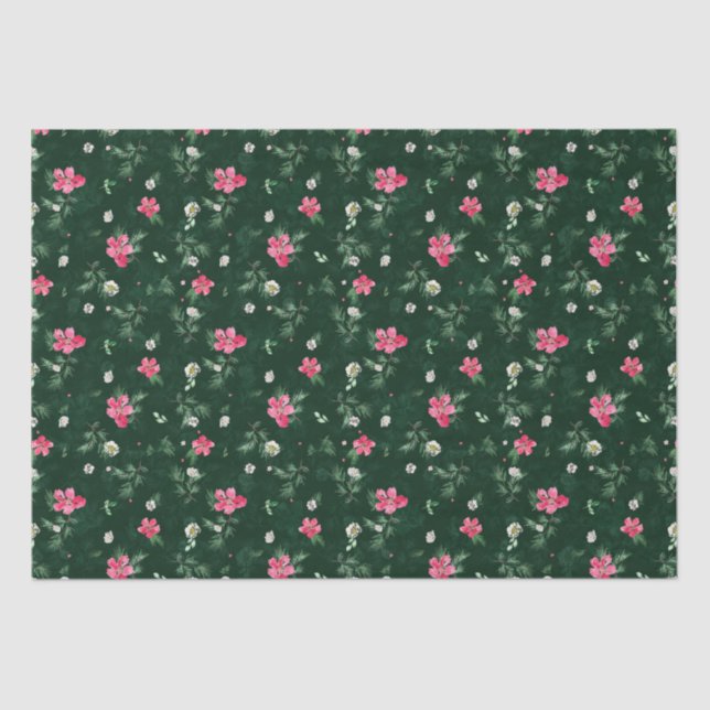 Papel De Seda Flores de Aquarela de Natal escamosas e verdes (Frente )