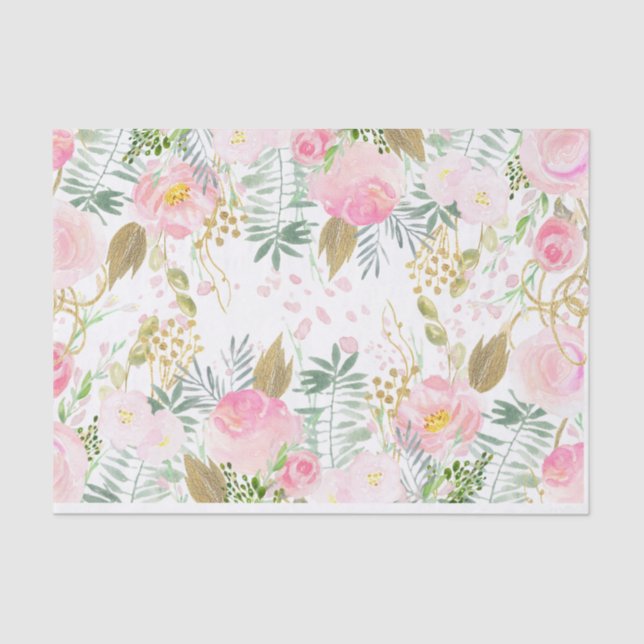 Papel De Seda Flores de Aquarela rosa e Dourada (Frente )