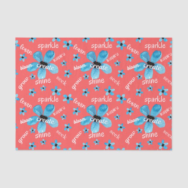 Papel De Seda Flores de Aquarela Vermelha e Azul com Afirmações (Frente )