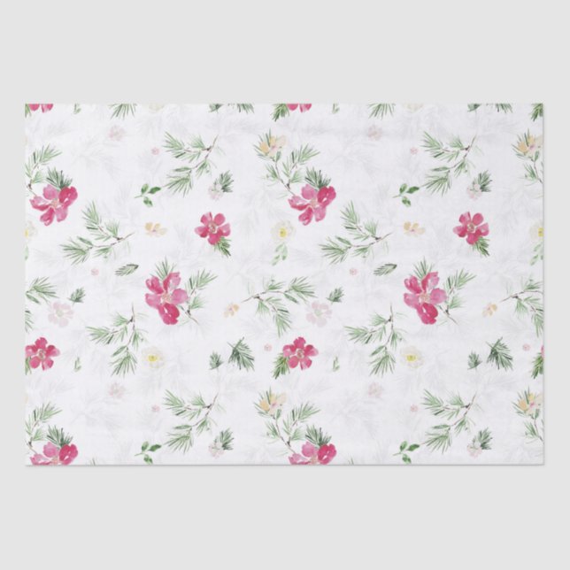 Papel De Seda Flores de Aquarelas de Natal Rosa, Verde, Branco (Frente )