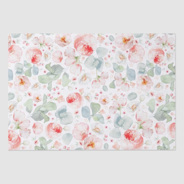 Papel De Seda Flores de Aquarelas de Rosa claro Molhada Botânica (Frente )