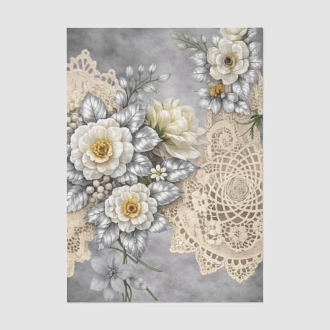 Papel De Seda Flores de Casamento Elegantes Românticas Prateadas (Frente )