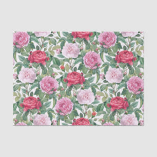 Papel De Seda Flores de cor d'água e Rosas vermelhas e Folhas Ve