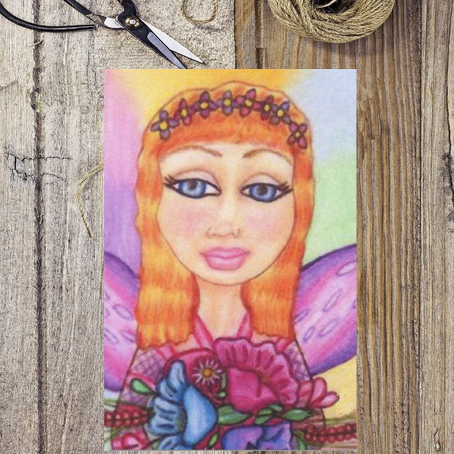 Papel De Seda Flores De Fada De Cabelo Vermelho (Red haired fairy holding colourful flowers purple wings on tissue wrapping paper.)