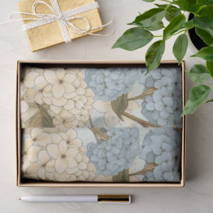 Papel De Seda Flores de Hydrangea Azul e Branca e Folhas Verdes