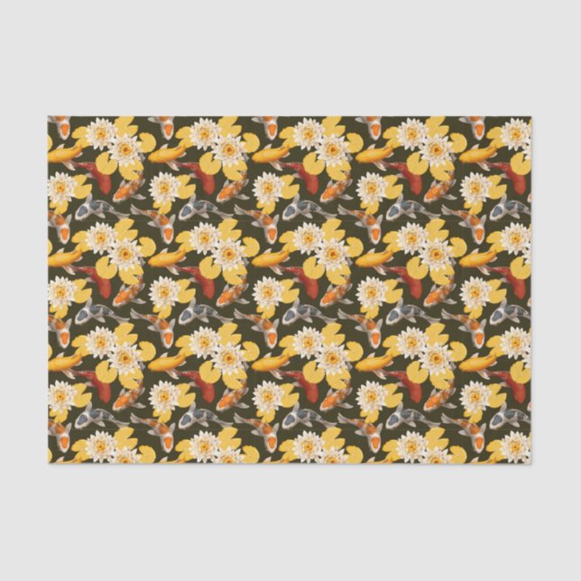 Papel De Seda Flores De Lotus Amarelas Com Peixes De Loi (Frente )