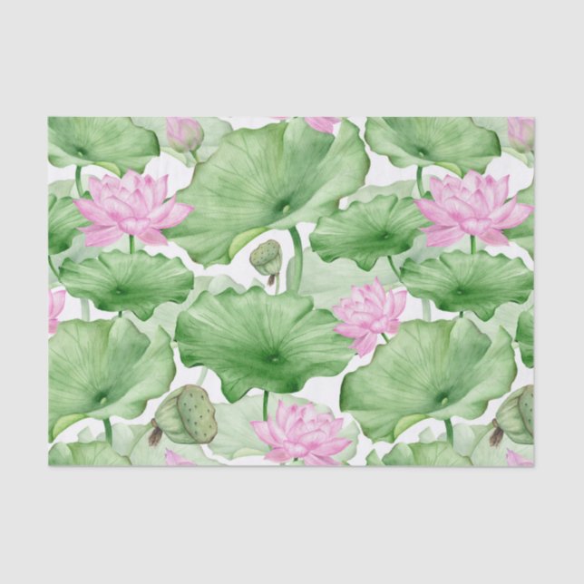 Papel De Seda Flores de Lotus Cor-de-Água Rosa com Folhas Grande (Frente )
