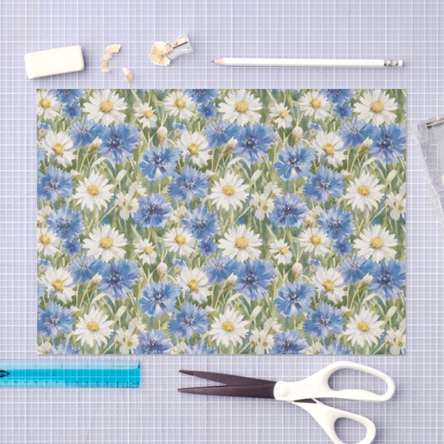 Papel De Seda Flores de Margarida Brancas Azuis Aniversário (Arte )