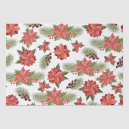 Papel De Seda Flores De Poinsettia Vermelha E Berries Holly