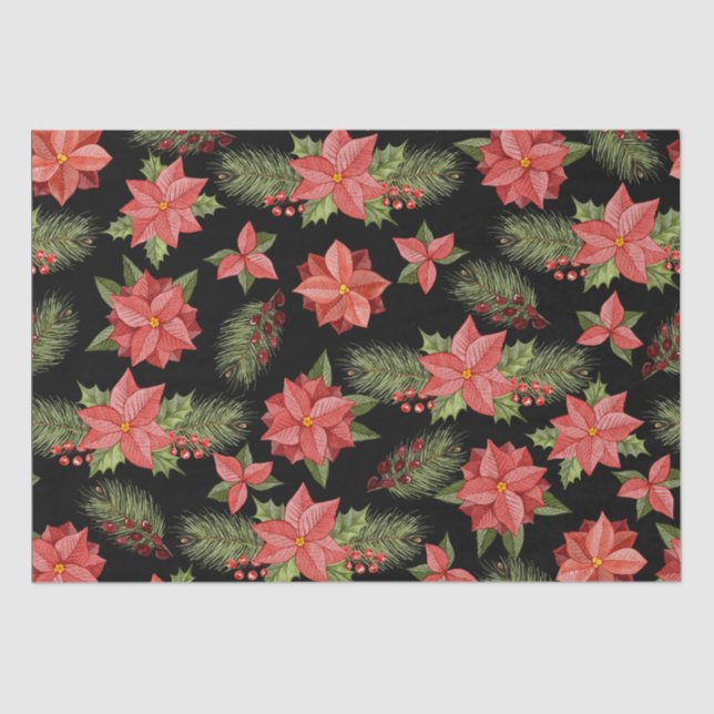 Papel De Seda Flores De Poinsettia Vermelha E Berries Holly (Frente )
