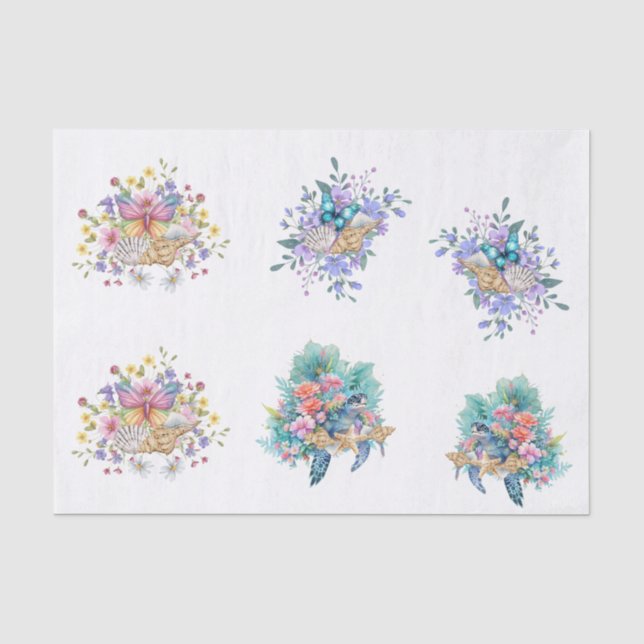 Papel De Seda Flores de Primavera Borboletas Tartarugas Marinhas (Frente )
