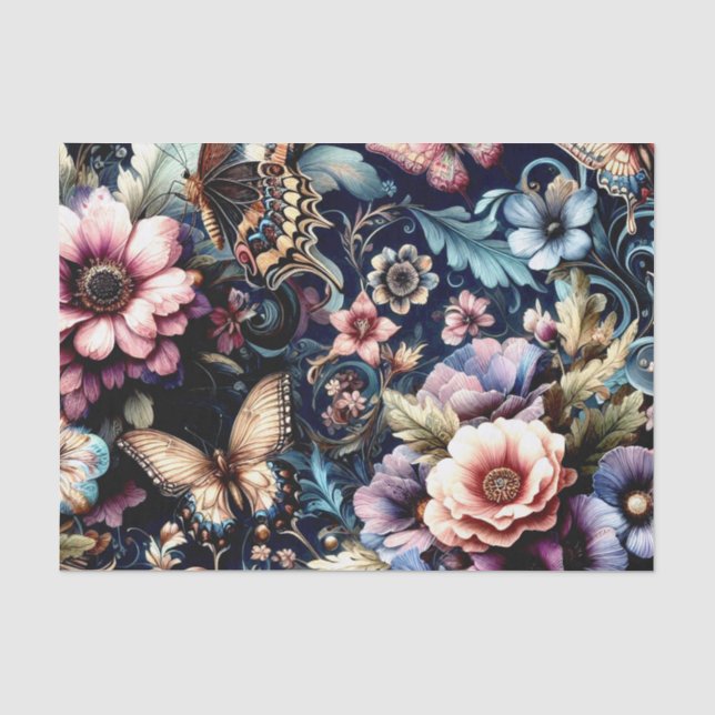 Papel De Seda Flores de primavera e Borboletas Antigas (Frente )