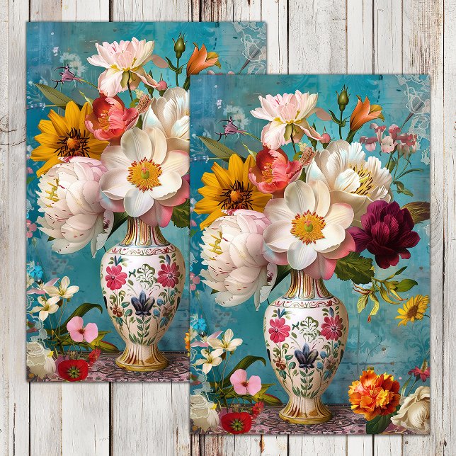 PAPEL DE SEDA FLORES DE PRIMAVERA EM DECOUPAMENTO VASTO (SPRING FLOWERS IN VASE DECOUPAGE TISSUE PAPER)