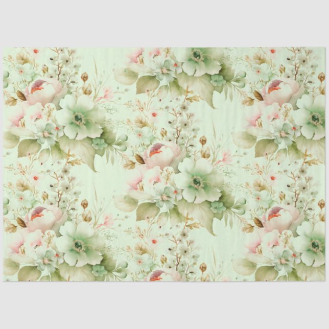 Papel De Seda Flores de Primavera Rosa, Verde Pálido em Decoupag (Frente )