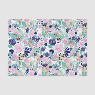 Papel De Seda Flores Douradas de Cor de Água Azul, Marinho Rosa,