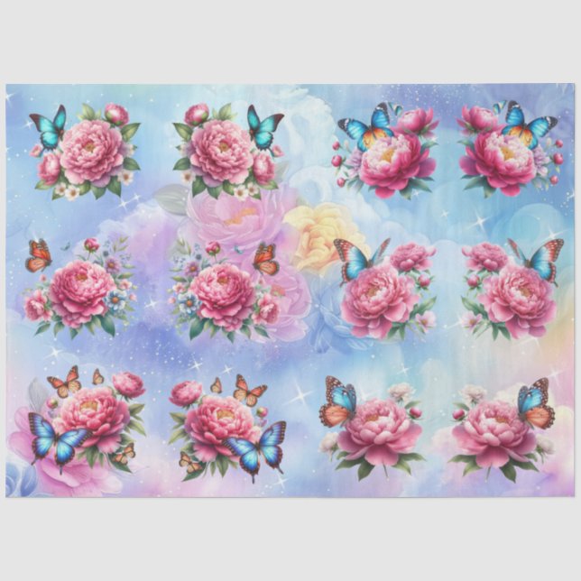 Papel De Seda Flores e Borboletas em Aquarela Pastel Decoupage (Frente )
