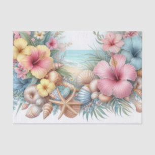 Papel De Seda Flores e conchas aquáticas em cores pastéis