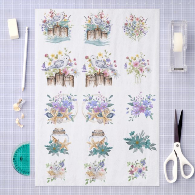 Papel De Seda Flores e Conchas Beira-Mar em Aquarela Caprichosa  (Arte )