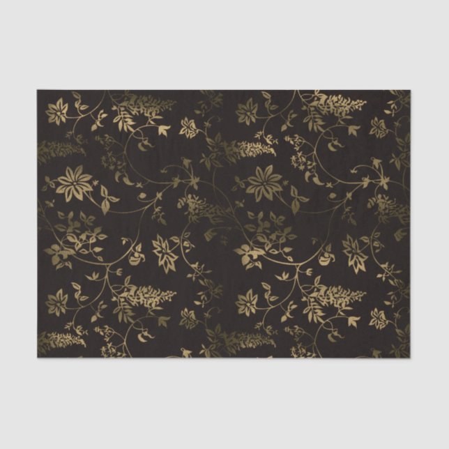 Papel De Seda Flores e Folhas de Bronze em Fundo Negro (Frente )