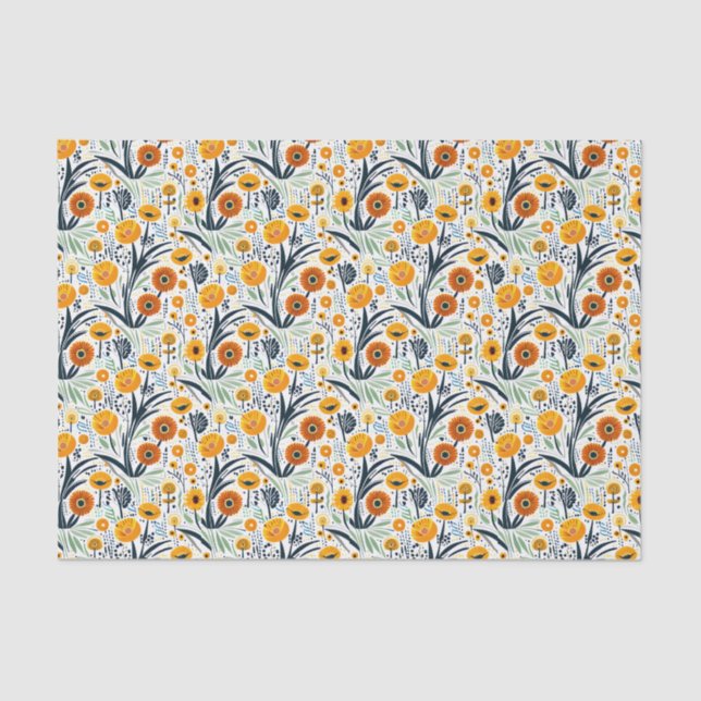 Papel De Seda Flores e Folhas Vibrantes em Fundo Branco (Frente )
