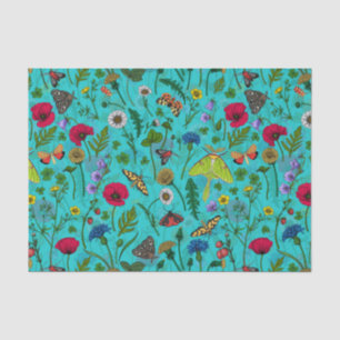 Papel De Seda Flores e mariposas selvagens em teal