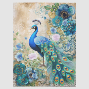 Papel De Seda Flores e Pavão Azul Teal Elegantes em Distress