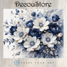Flores Elegantes em Decoupage Azul e Branco