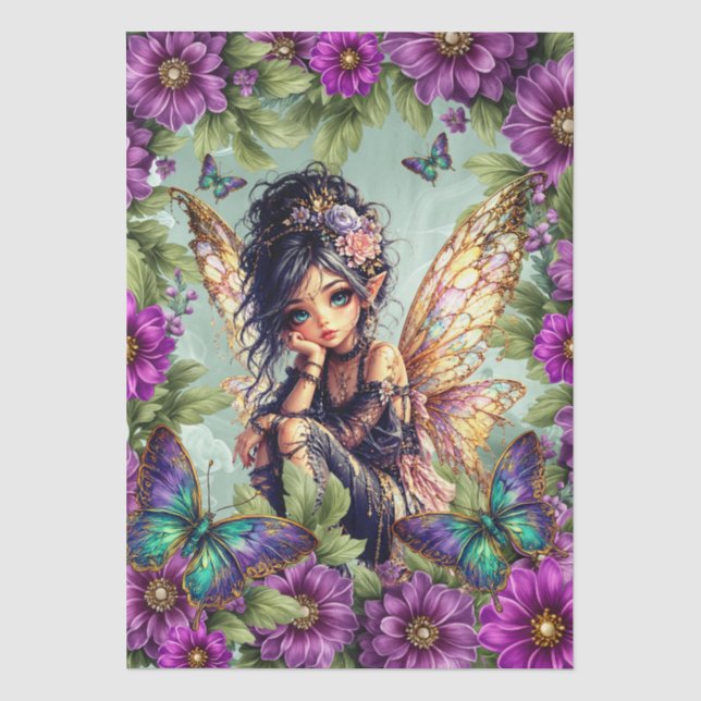Papel De Seda Flores Elegantes Roxas Fada & Borboleta Decoupage (Frente )