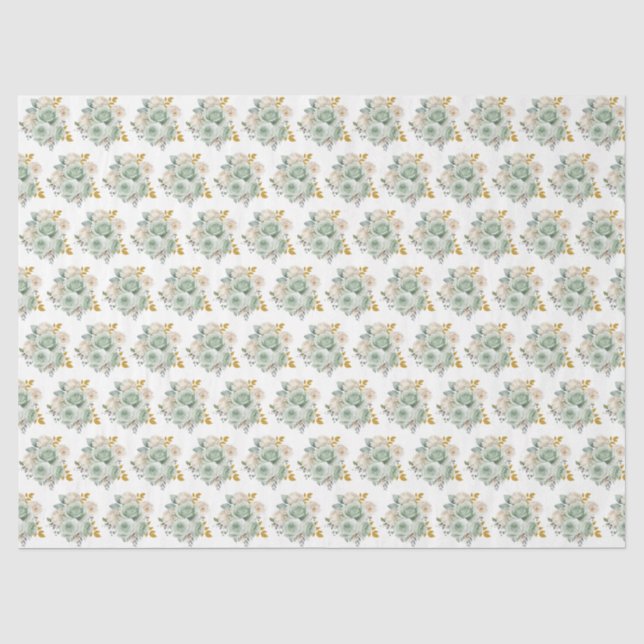 Papel De Seda Flores Elegantes Verde Salvia e Dourado (Frente )