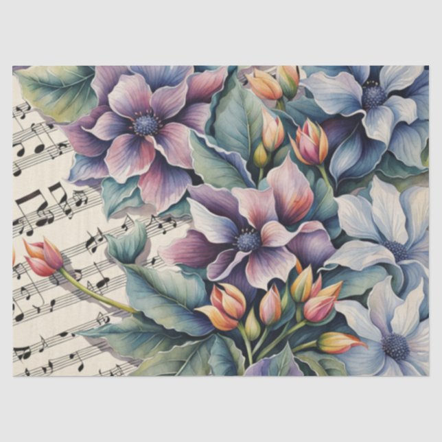 Papel De Seda Flores em Decoupage de Partituras (Frente )