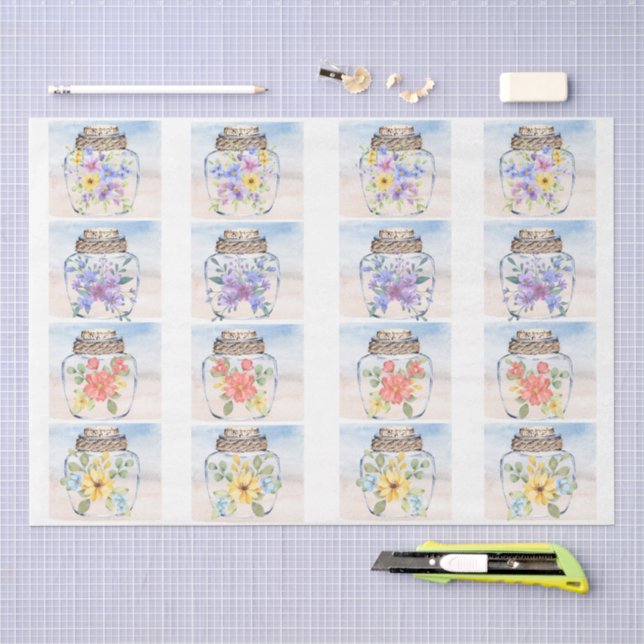 Papel De Seda Flores em tons pastéis em aguarela & Decoupage de  (Arte )