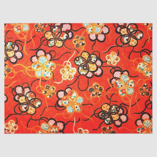 PAPEL DE SEDA FLORES ESTILIZADOS, FAIXAS BRANCAS PRETAS, VERMELH (Frente )