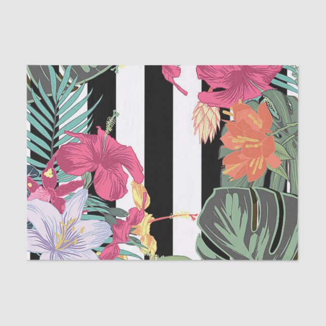 Papel De Seda Flores Florais Tropicais Folhas Listras Pretas Bra (Frente )