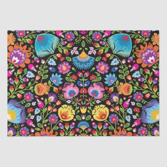 Papel De Seda Flores folclóricas Wycinanki preto  (Frente )