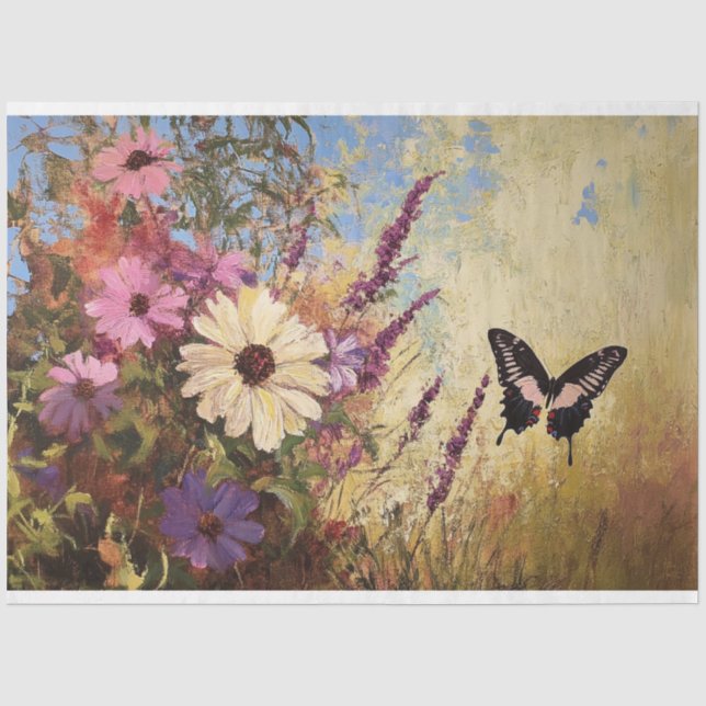 Papel De Seda Flores Impressionistas e Borboleta Decoupage (Frente )