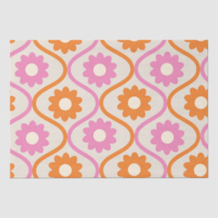 Papel De Seda Flores Laranja e Rosa em Ogee de Meados do Século