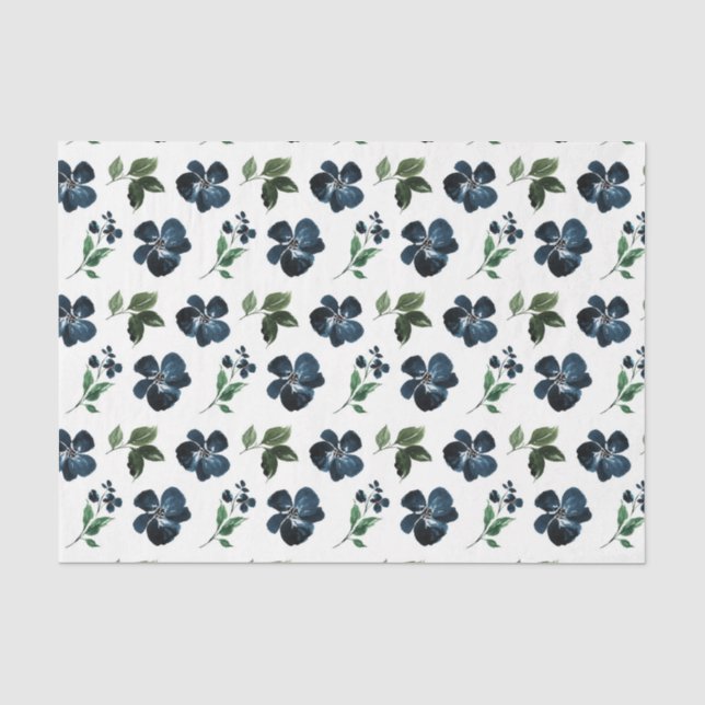 Papel De Seda Flores Navy com Folhas Verdes (Frente )