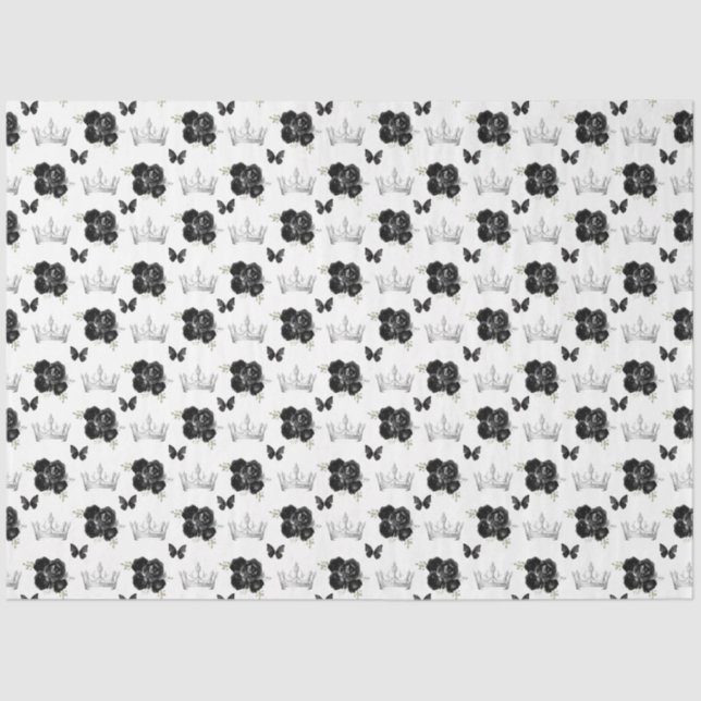 Papel De Seda Flores Pretas e Coroas de Prata (Frente )