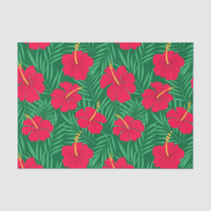 Papel De Seda Flores Red Hibiscus em Folhas Tropicais Verdes