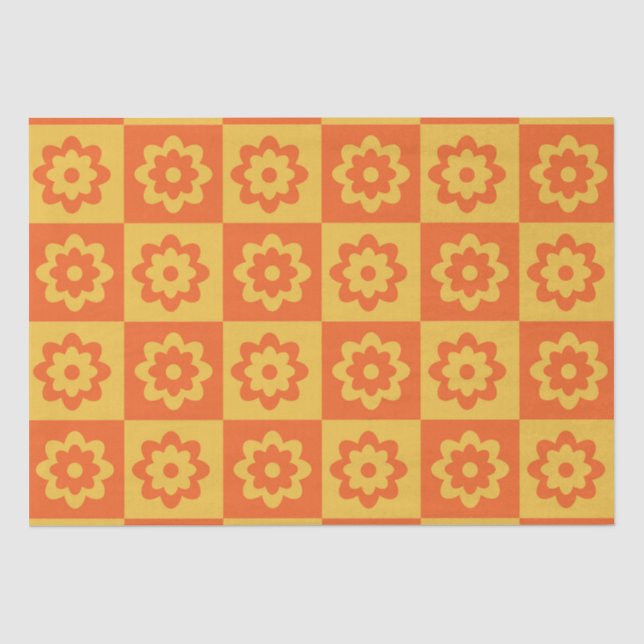 Papel De Seda Flores Retro Amarelas Laranja Xadrez (Frente )