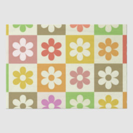 Papel De Seda Flores Retrô Coloridas em Padrão Xadrez