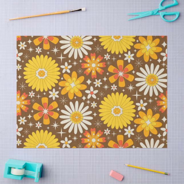 Papel De Seda Flores Retro dos Anos 70 com Estrelas Atômicas em  (Arte )