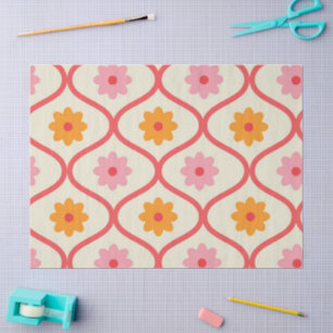 Papel De Seda Flores Retro Laranja e Rosa no Padrão Ogee